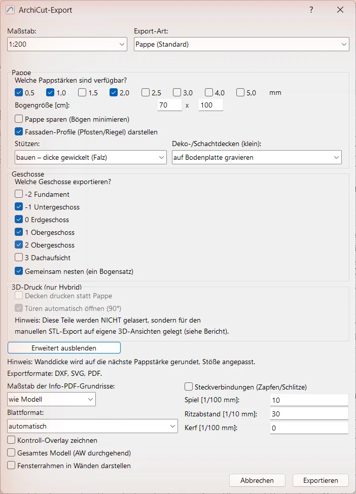 Der komplette ArchiCut-Export-Dialog mit Standardwerten
