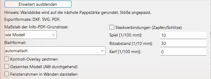 Ausgeklappter Erweitert-Bereich des Export-Dialogs