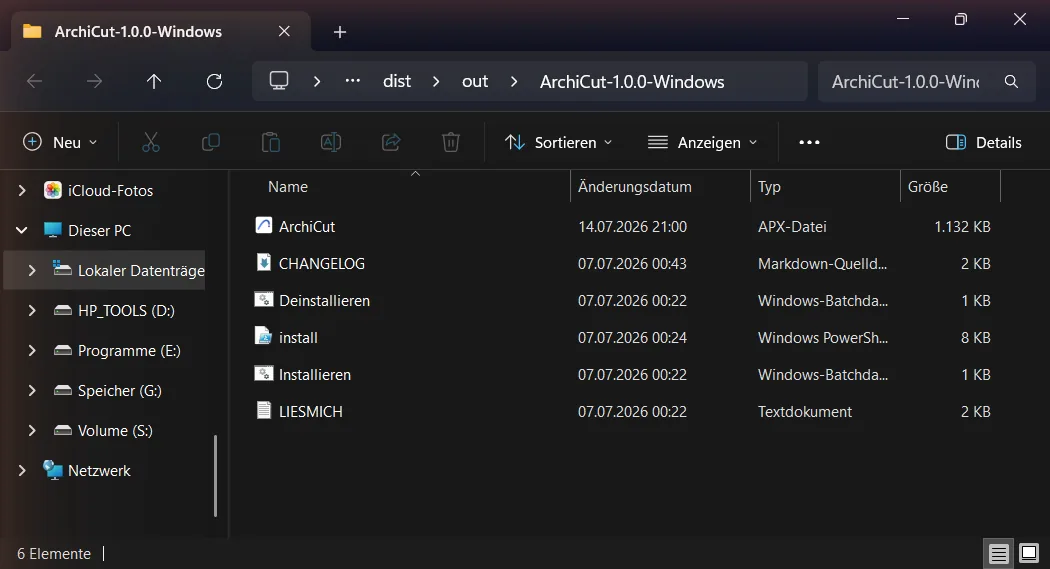Entpackter ArchiCut-Ordner im Explorer mit Installieren.bat