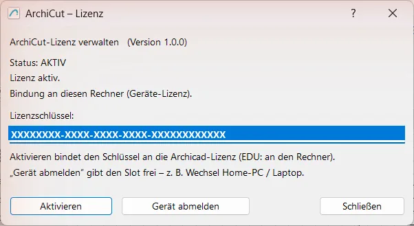 ArchiCut-Lizenz-Dialog mit Schlüsselfeld und Aktivieren-Knopf