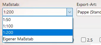 Maßstab-Auswahl mit geöffnetem Popup und Eigener-Maßstab-Eintrag