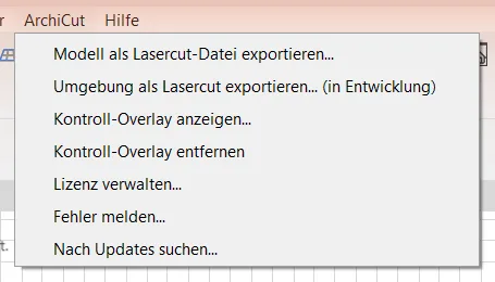 ArchiCut-Menü in Archicad mit allen Einträgen